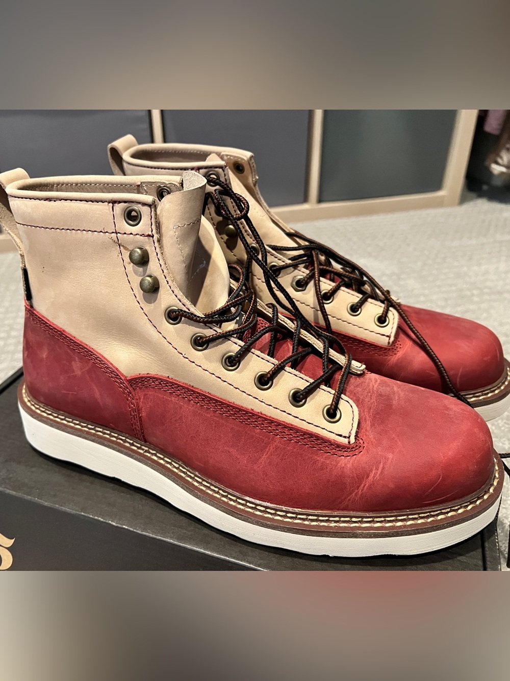 Taft Cherry/Cream Men's Boots - Two-Tone Lace-Up - Picture 2 of 5